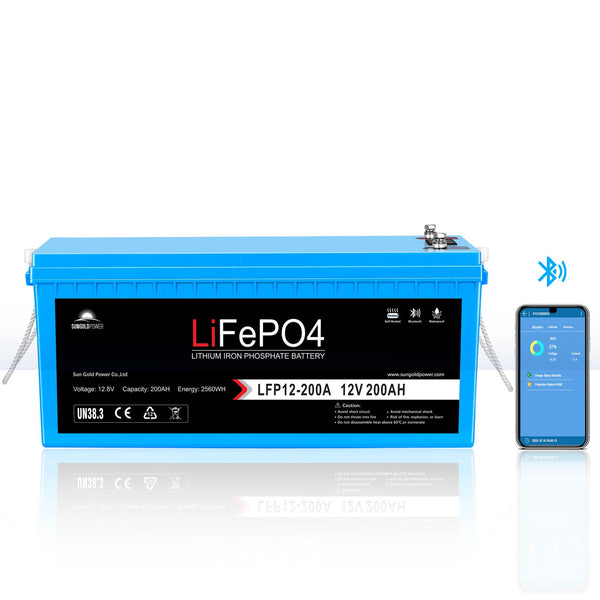 SunGoldPower 12V 200Ah LiFePo4 Deep Cycle Lithium Battery Bluetooth / Self-Heating / IP65 SGP12V200S