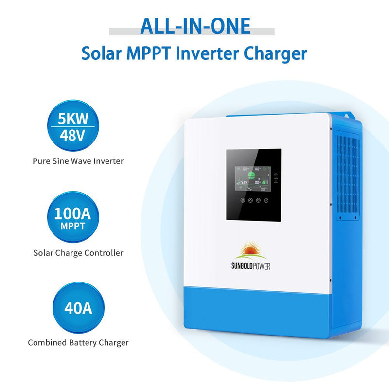 SunGoldPower Off-Grid Solar Kit 5000W 48VDC 120V LifePo4 10.24KWH Lithium Battery 6 X 415 Watts Solar Panels SGR-5KE