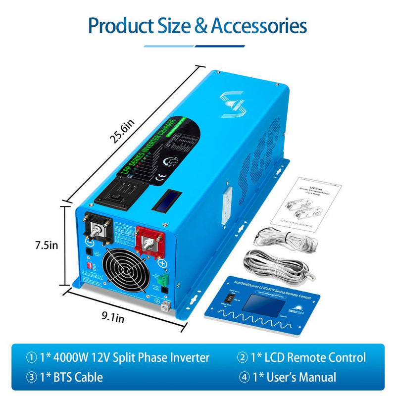 SunGoldPower 4000W DC 12V Split Phase Pure Sine Wave Inverter With Charger LFP4K12V240VSP