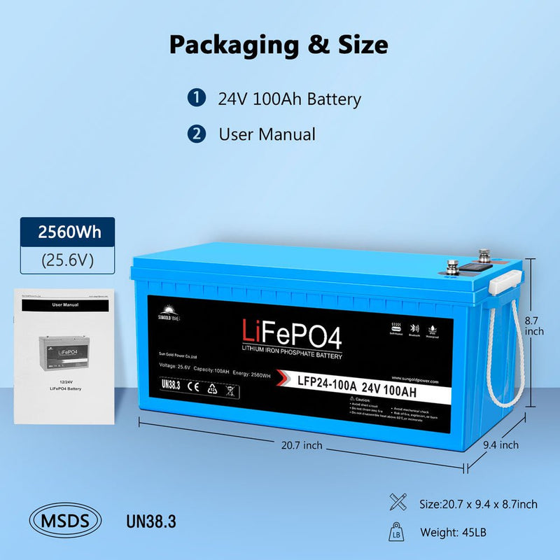 SunGoldPower 4 X 24V 100Ah LiFePo4 Deep Cycle Lithium Battery Bluetooth / Self-Heating / IP65 SGP24V100Sx4