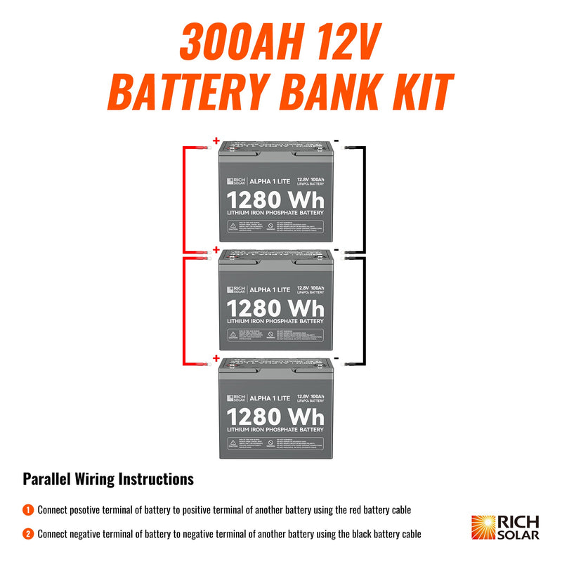 Rich Solar 300Ah 12V LiFePO4 Off-Grid Battery Kit | 3.8kWh Deep Cycle Lithium Battery Bank | Powerful 300Ah Battery Kit for RVs, Trailers, Cabins, Campers, Vans, Off-Grid | 3 X ALPHA 1 LITE in Parallel