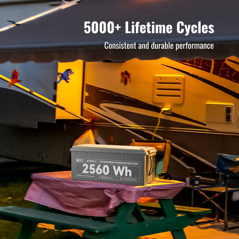 Rich Solar ALPHA 2 | 12V 200Ah LiFePO4 Battery | Powerful 12V Lithium Battery for RVs, Trailers, Vans, Boats, Off-Grid | 5,000 Lifetime Cycles | Bluetooth and Internal Heat Technology