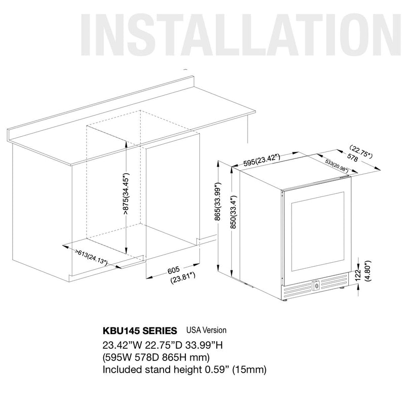 KingsBottle Dual Zone 24 Inch Under Counter LOW-E Glass Door Wine Cooler KBU145DX-FG RHH