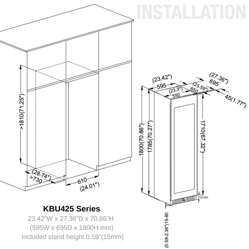 KingsBottle Upright Single Zone Large Wine Cooler With Low-E Glass Door KBU425WX-FG RHH