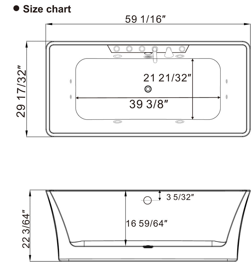 Empava 59" Freestanding Rectangle Whirlpool Bathtub with Center Drain EMPV-59AIS15