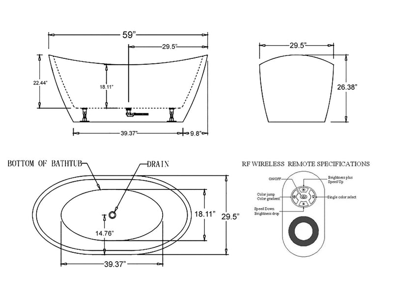 Empava 59" Freestanding Soaking LED Tub with Center Drain EMPV-59FT1518LED