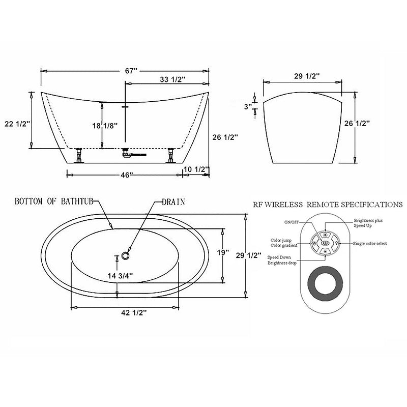 Empava 67" Freestanding Soaking LED Tub with Center Drain EMPV-67FT1518LED