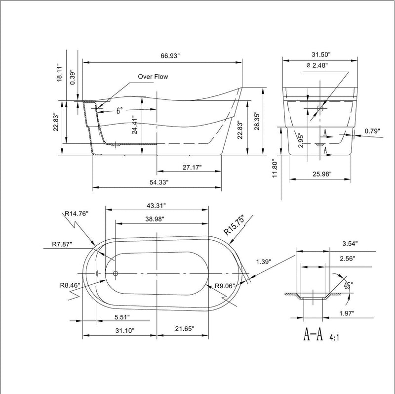 Empava 67" Freestanding Soaking Tub with Left Drain EMPV-67FT1527