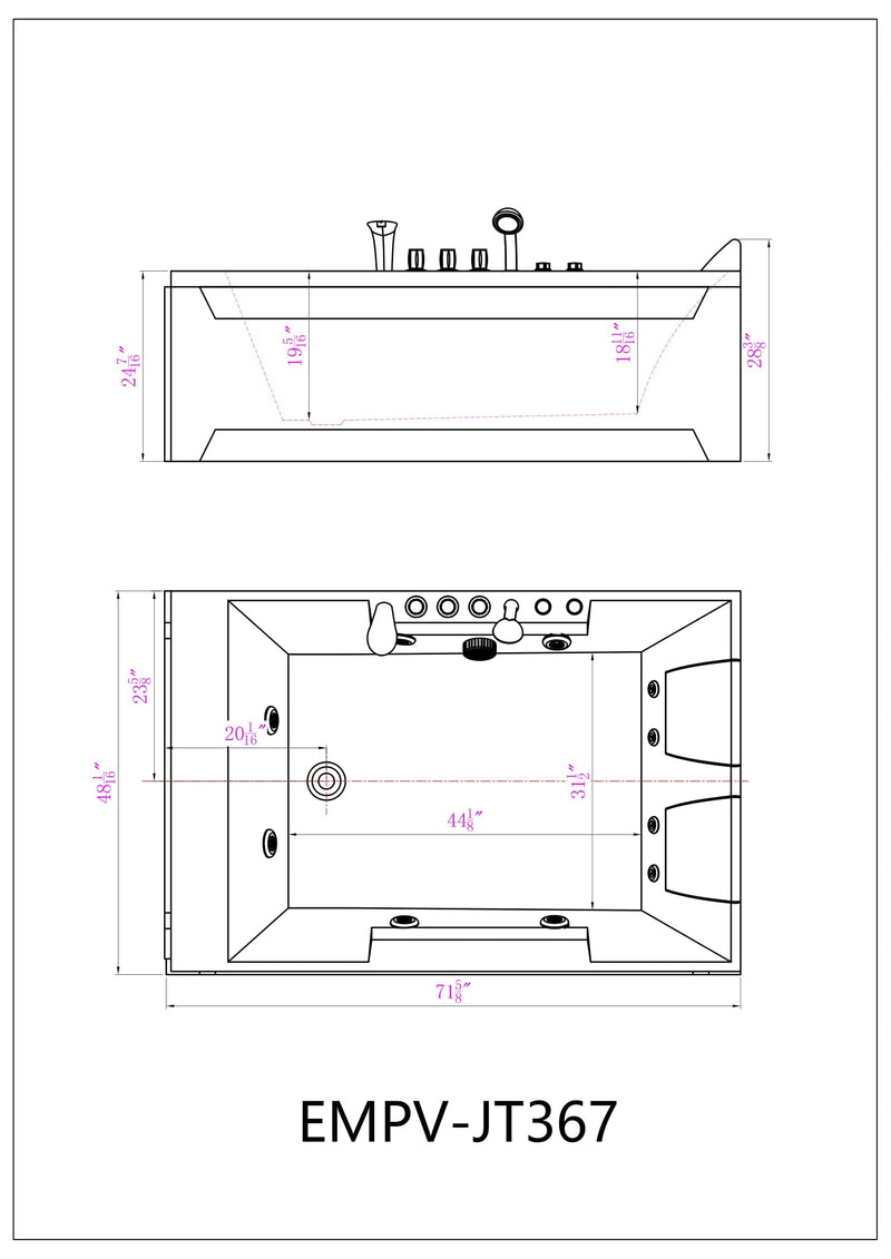 Empava 72" Alcove Whirlpool LED Bathtub for 2 Persons with Left Drain EMPV-72JT367LED