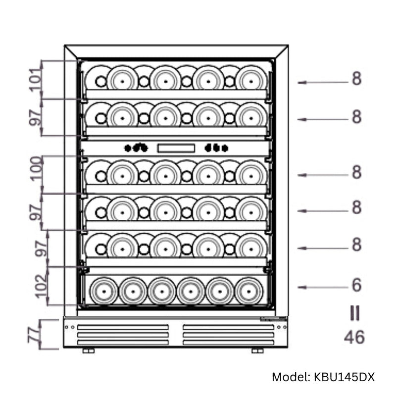 KingsBottle Dual Zone 24 Inch Under Counter LOW-E Glass Door Wine Cooler KBU145DX-SS RHH