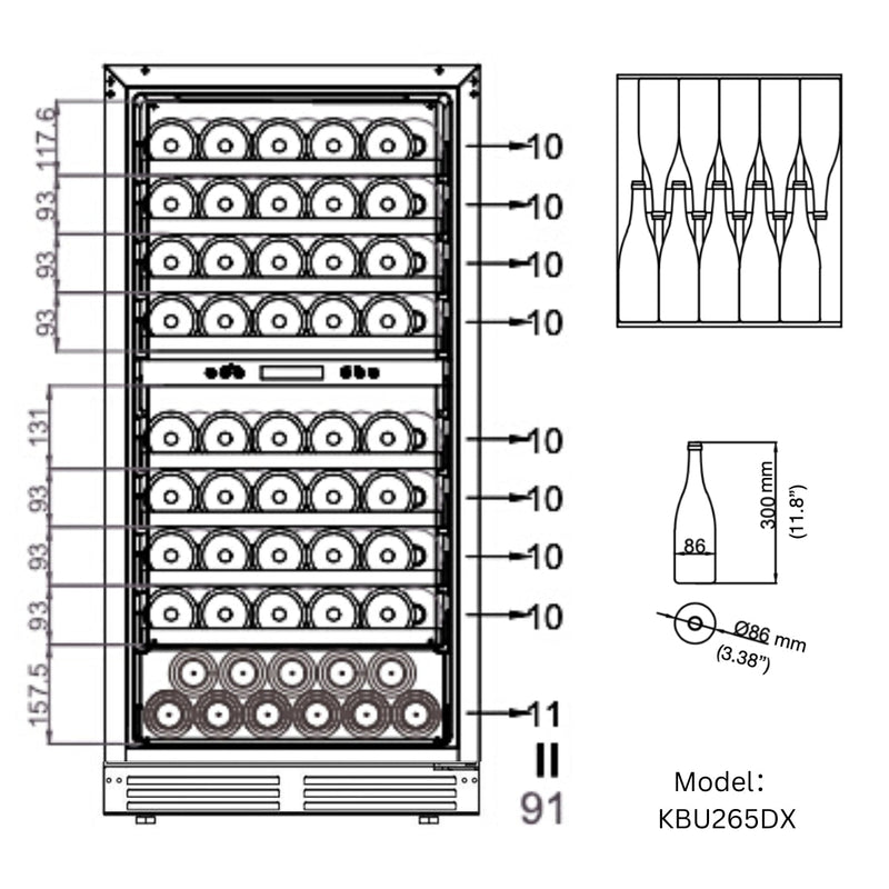 KingsBottle 47-Inch Tall Dual Zone Wine Cooler with Low-E Glass Door KBU265DX-FG RHH