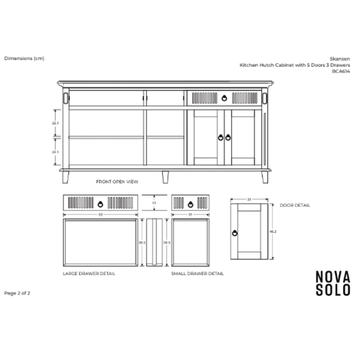 NovaSolo Skansen Kitchen Hutch Cabinet with 5 Doors 3 Drawers in Classic White BCA614